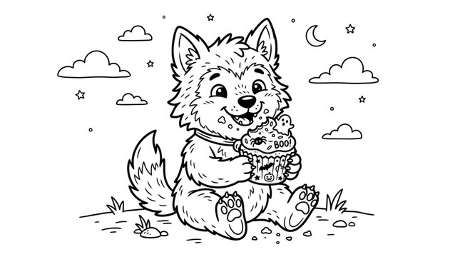 Cute wolf pup coloring page, adorable baby wolf holding a halloween cupcake, cartoon animal line art for kids activity book, spooky night scene isolated on White Background