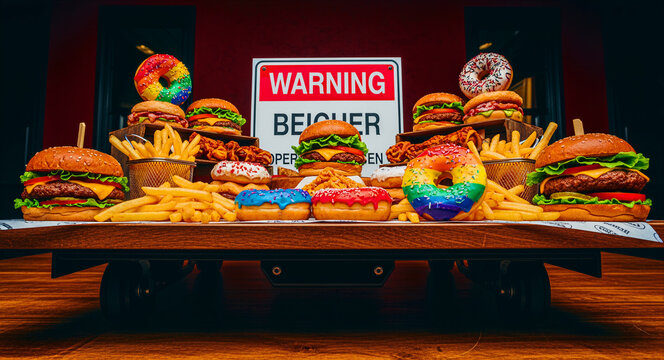 Assortment of cheeseburgers, colorful donuts, and fries displayed with a warning sign. Large spread of greasy junk food and rainbow glazed treats. Unhealthy diet and obesity risk concept for.