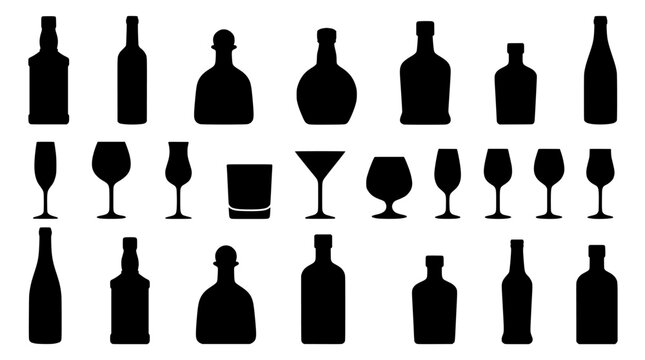 Alcohol bottle and glassware silhouettes, set of 23 black liquor icons, bar drink containers and cocktail glasses vector collection for menu design