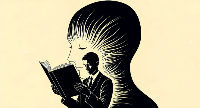 Silhouette of a head with a businessman reading a book inside. Monochrome art exploring subconscious thought and imagination. Education and mental health concept, ideal for psychology media.