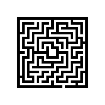Square maze puzzle icon featuring complex labyrinth pathways with thick black lines for logical thinking and strategy game development in minimalist flat vector design illustration.