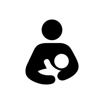 Breastfeeding mother icon representing motherhood and infant care. Black silhouette of woman holding baby for lactation support parenting health services and maternity ward signage.