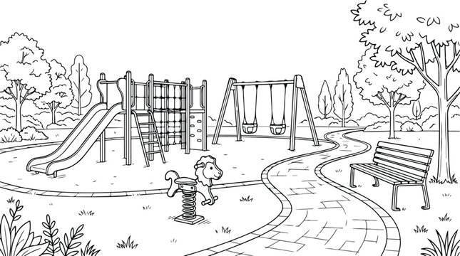 Black and white playground coloring page vector, outdoor park landscape with slide and swings, empty kids play area line art illustration