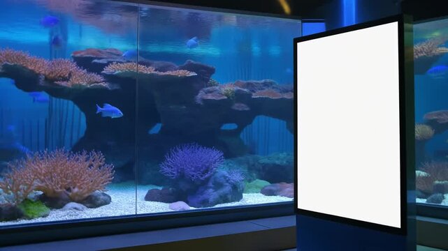 Blank Billboard Mockup Next to Large Indoor Aquarium Tank