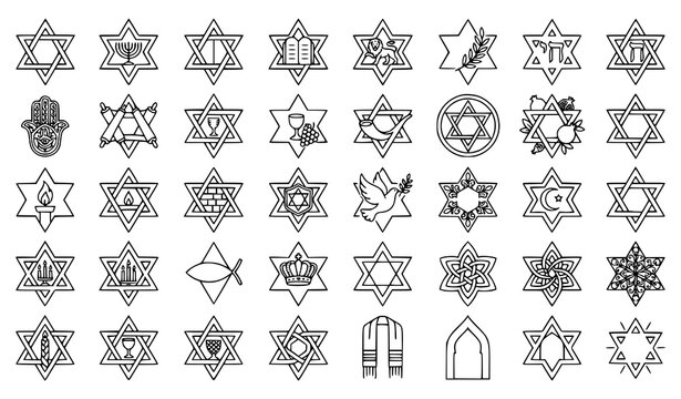 Judaism Star of David Linear Vector Icon Collection Editable Stroke Design