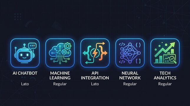 Digital technology infographic icons featuring artificial intelligence machine learning neural networks with software development concepts representing modern software
