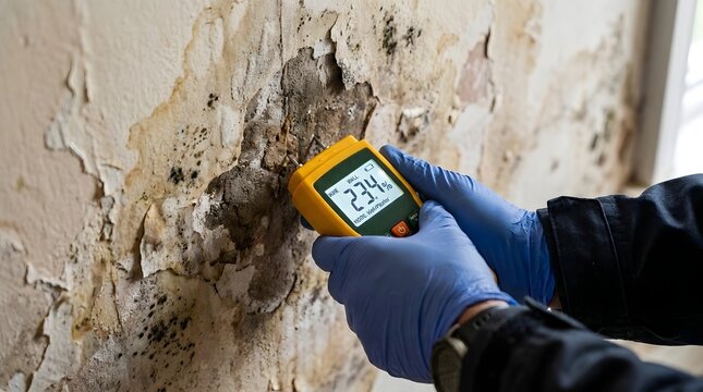 Digital moisture meter measuring damp wall damage with gloved hands in renovation project.