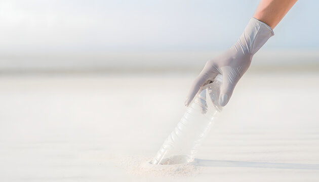 A dedicated volunteer wearing protective gloves picks up a discarded single-use plastic water bottle from the sandy beach to support environmental cleanup