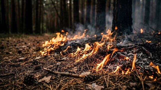 Close up of small forest fire burning dry pine needles and twigs on ground at dusk.
