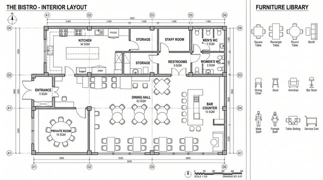 Architectural floor plan of a bistro restaurant, professional interior layout with furniture library, detailed technical drawing for commercial space planning