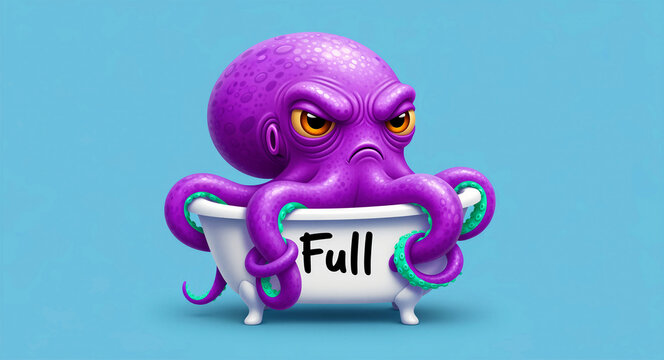 Grumpy purple octopus sitting in a bathtub labeled Full. Angry cartoon character with tentacles on a blue background. Humorous marine concept for creative storytelling and child marketing.