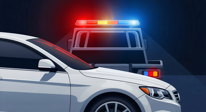 Police car with flashing lights pulling over a white sedan at night. Illustration of a traffic stop or law enforcement pursuit. Law and order concept for legal and road safety marketing.