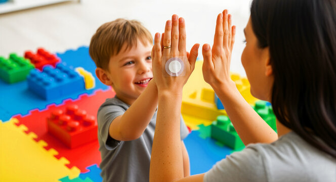 Happy boy giving high-five to woman with medical sensor patch on her hand. Mother and son playing with toy blocks in playroom. Diabetes management and family support concept for healthcare ads.