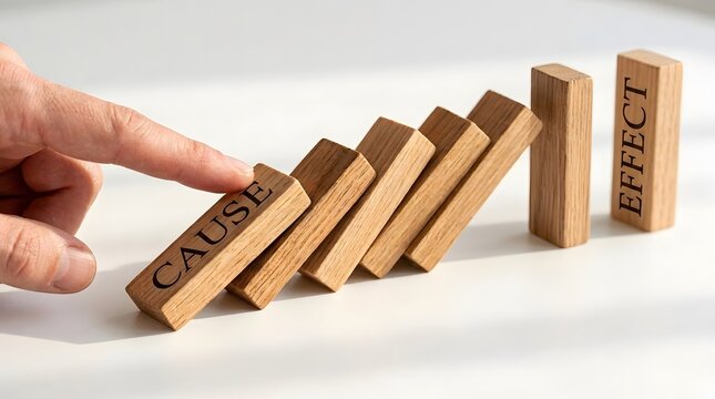 Domino effect concept showing cause and effect wooden blocks on white surface with finger.