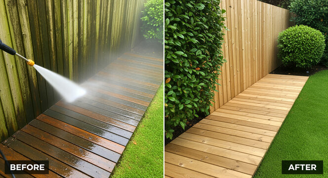 Pressure washing before and after of a dirty wooden garden deck. Water stream cleans algae and grime from weathered timber planks. Professional cleaning service concept for home maintenance.