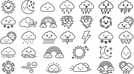 Fototapeta premium Cute Weather Characters Kawaii Meteorology Icons Atmospheric Phenomena and Seasonal Outline Set