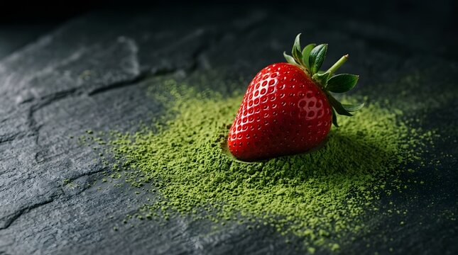 Single ripe strawberry on pile of green matcha powder on dark stone surface.