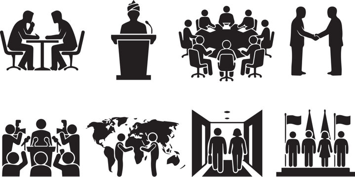 Set of black silhouette depicting diplomacy, international relations, business meetings, press conferences, and global negotiations