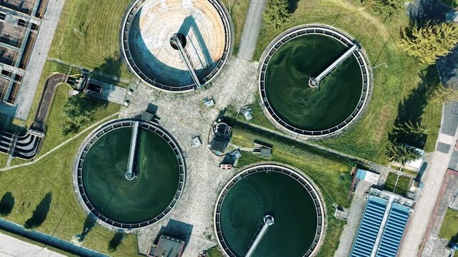 Drone view of a sewage treatment facility in a modern industrial complex