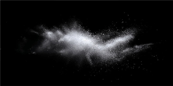 Explosion white powder, cloud dust particles, abstract dynamism mid-air.
