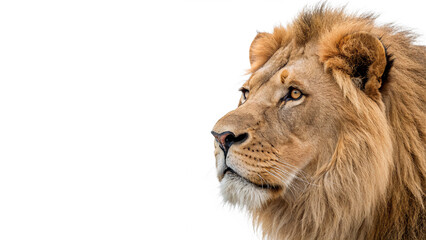 Wild African lion male profile portrait looking forward isolated on transparent background © Arina