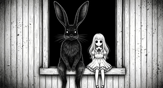 Eerie black rabbit and mysterious girl sitting on a wooden window ledge. Monochrome gothic illustration features hollow eyes and a dark surreal atmosphere. Horror fantasy art for spooky designs.