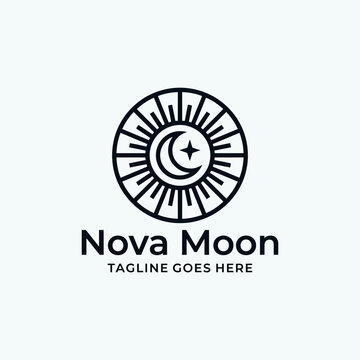 Ornate circular emblem combining a crescent moon, a star, and radiating sunbeams for a celestial aesthetic.