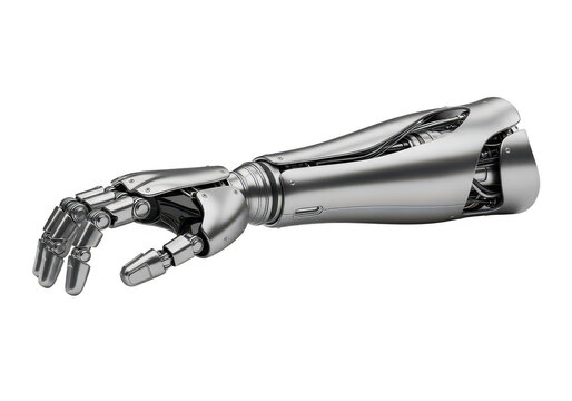 Metallic bionic arm with robotic fingers and advanced mechanical joint structure isolated on transparent background