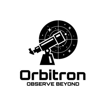 Modern black and white telescope icon over a starry background, ideal for science and space tech brands.