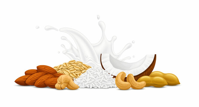 Plant-based milk ingredients with a liquid splash on white. Assorted almonds, oats, rice, coconut, and cashews for dairy alternatives. Vegan nutrition concept for healthy lifestyle marketing.