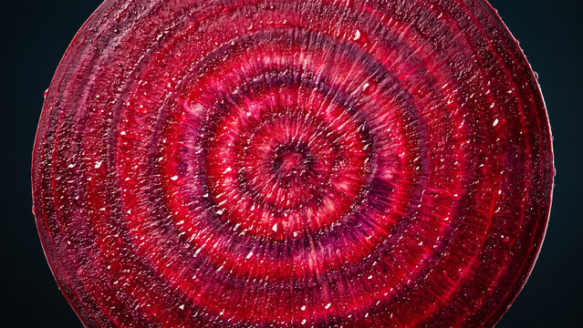 Macro cross section of red beetroot showing concentric rings
