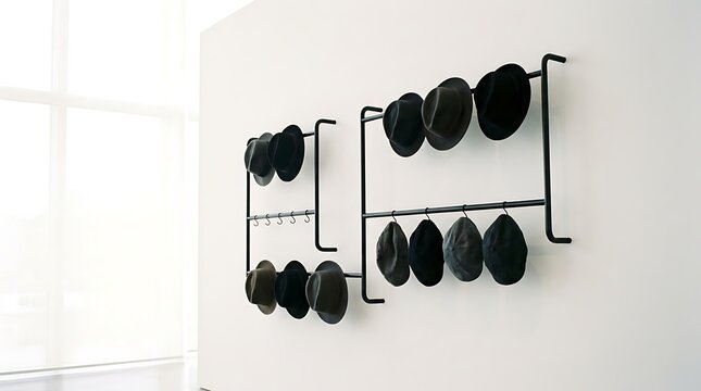 Collection of black hats hanging on a modern wall rack in a bright room