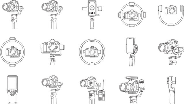 Camera gimbal stabilizer icon set featuring handheld phone mounts dslr gimbals robotic movement systems ai smart tracking technology for professional filmmaking.
