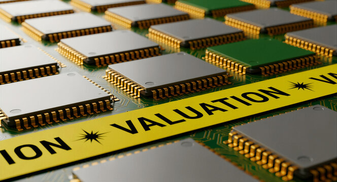 Microchips on a circuit board with yellow valuation tape. Macro view of processors representing financial assessment of tech assets. Investment concept for market analysis and business growth.