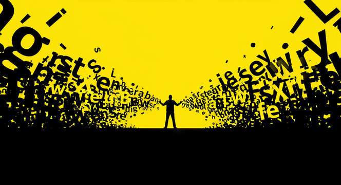 Man silhouette amidst a storm of letters on yellow background. Conceptual person overwhelmed by language. Communication and information overload concept for media marketing.