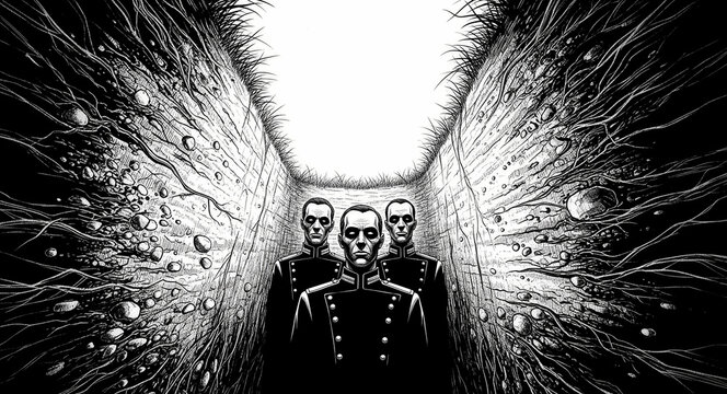 Three eerie undead soldiers in military uniforms standing in a deep trench. High-contrast black and white ink illustration of ghouls. Horror and war concept ideal for graphic novels and spooky themes.