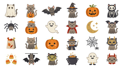 Fototapeta premium Colorful cute Halloween character and cat icons.