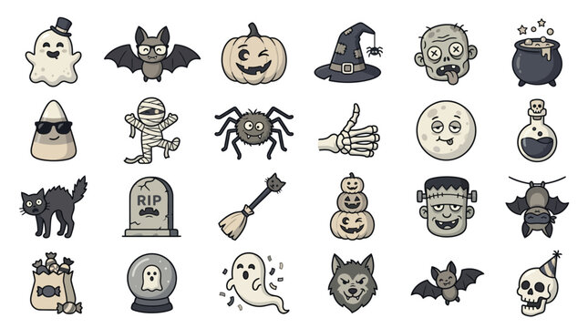 Colorful cartoon Halloween icon set with spooky characters.