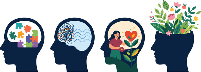 Fototapeta premium Mental Health Journey Concept with Human Head Silhouettes Puzzle Stress Healing and Flourishing Mind