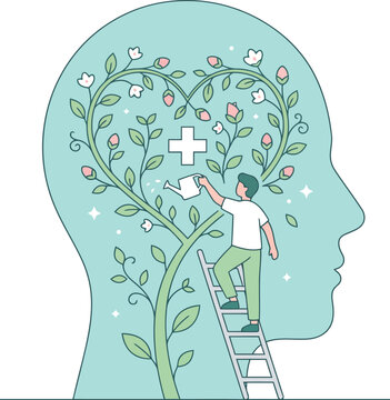  Mental Health Healing Concept with Human Profile Heart Shaped Vines and Support Illustration
