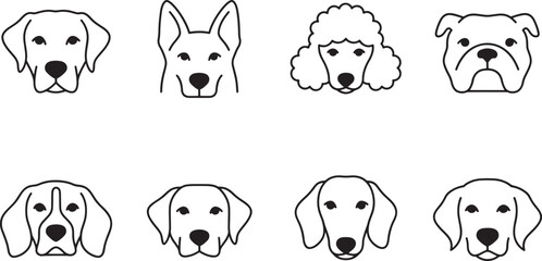 Fototapeta premium Collection of eight distinct dog breed head illustrations in outline style featuring various breeds like poodle, bulldog, and labrador for pet lovers.