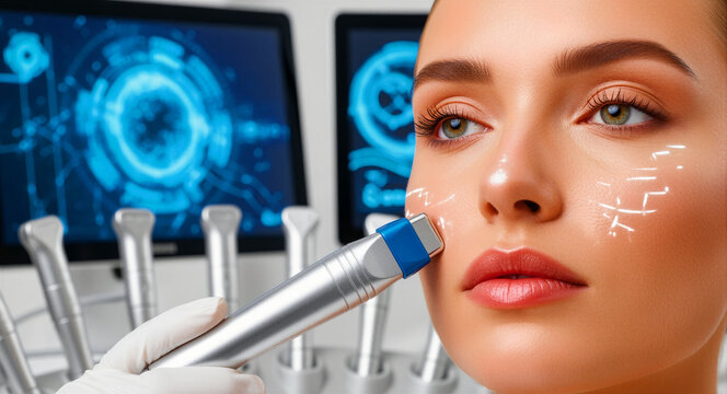 Woman receiving facial treatment with a high-tech aesthetic device. Non-invasive cosmetic procedure in a modern dermatology clinic. Skin technology concept for anti-aging and beauty marketing.