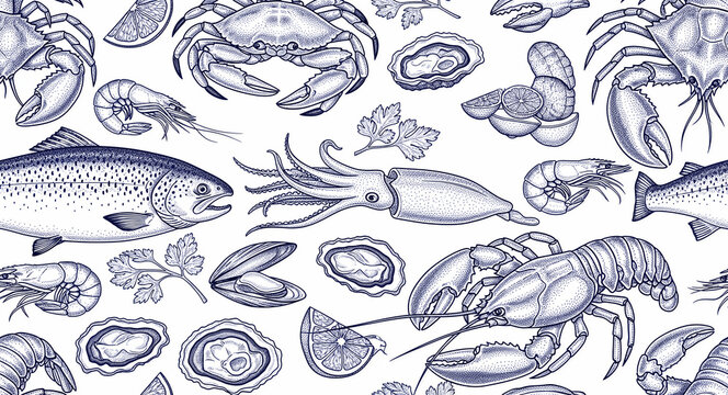 Seamless pattern of hand-drawn seafood including fish, lobster, crab, and squid. Vintage engraving style featuring prawns, oysters, mussels, and lemon. Nautical food theme ideal for restaurant menus.