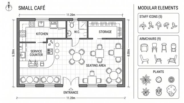 Architectural floor plan of a small cafe, modular interior design layout with furniture icons, professional restaurant blueprint for space planning