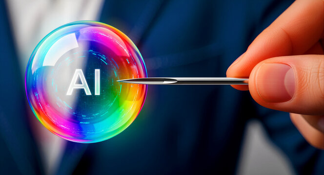 Hand pointing a needle at a colorful soap bubble containing AI text. Symbolic representation of the artificial intelligence hype or economic bubble about to burst. Risk and tech volatility concept.