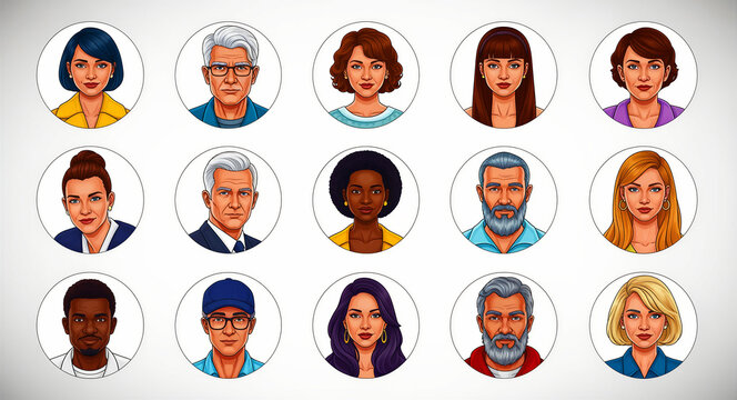 Diverse collection of cartoon avatars featuring men and women of various ages. Modern illustrative headshots for user profile icons. Inclusive team concept for web UI and social media marketing.