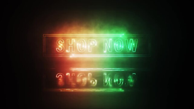 Animation text of Shop Now laser neon glitch text effect cinematic title on black abstract backgroud. 
