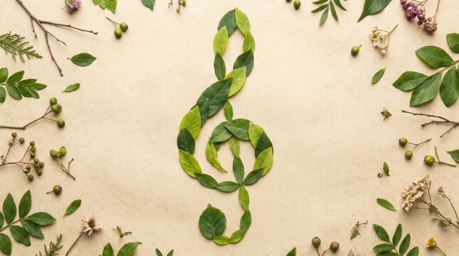 Treble clef made of green leaves with natural botanicals on textured paper