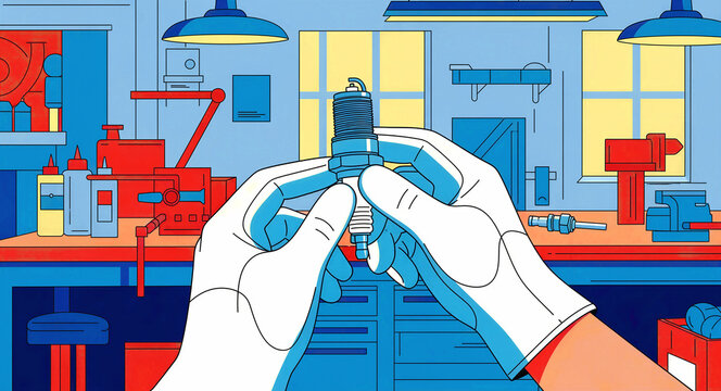 Gloved hands holding a spark plug in a stylized workshop. A mechanic inspects automotive parts in a modern garage setting. Automotive repair concept, ideal for car service marketing.