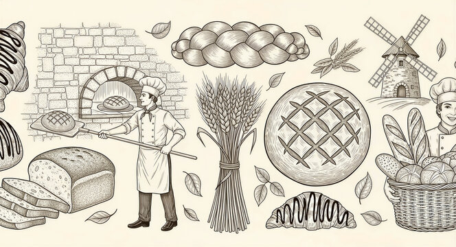 Vintage hand-drawn illustrations of a baker and fresh bread. Etching style collage featuring wheat, croissants, and a windmill. Rustic culinary elements perfect for bakery branding and menu design.